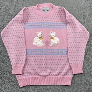 Jennifer Adams Sweater Womens M Pink Cat Graphic Vintage Lurex Knit Pullover